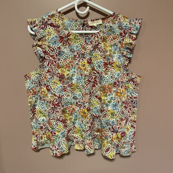 Solitaire Cotton Blouse LARGE Floral Eyelet Summer Chic Ruffle Cottage Boho - Picture 1 of 7